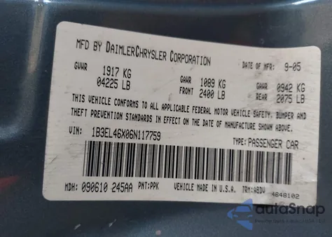 2006 Dodge Stratus Sxt из США, поврежденный, VIN 1B3EL46X06N117759